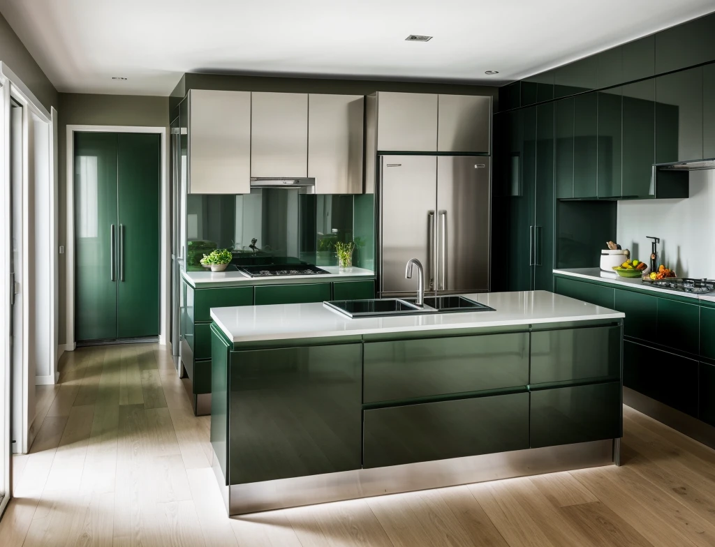 interior kitchen, modern style, timber floor, ((forage green cabinets and legato silk cabinet upper)), silver fridge, sink, pendants, light, realistic photo, high quality photo, (masterpiece),(realistic: 1.2),