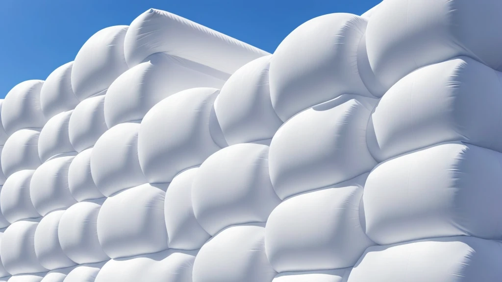 A wall composed of inflatable blocks,Realistic of a inflatable installation in the shape, white inflatable plastic film material, wrapped in a white polyester sheet. close-up,Front view,minimalist, most best quality,32K Ultra HD, super detail, best quality, highres, high details,Top view