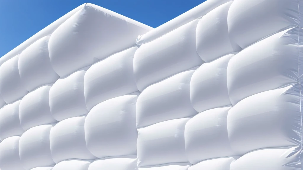 A wall composed of inflatable blocks,Realistic of a inflatable installation in the shape, white inflatable plastic film material, wrapped in a white polyester sheet. close-up,Front view,minimalist, most best quality,32K Ultra HD, super detail, best quality, highres, high details,Top view