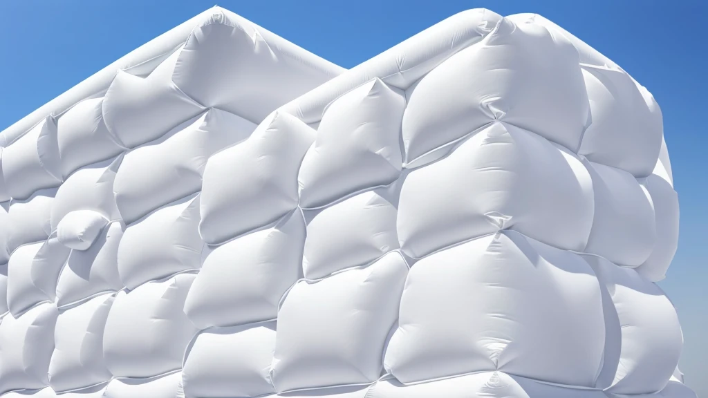 A wall composed of inflatable blocks,Realistic of a inflatable installation in the shape, white inflatable plastic film material, wrapped in a white polyester sheet. close-up,Front view,minimalist, most best quality,32K Ultra HD, super detail, best quality, highres, high details,Top view