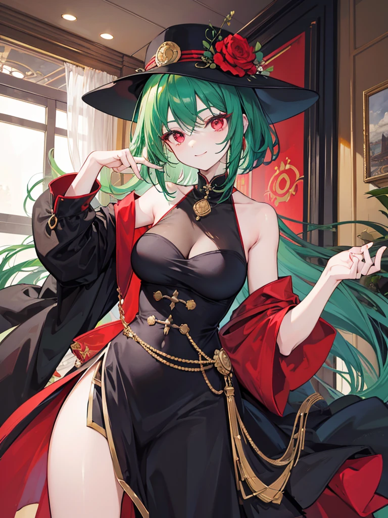 woman, red eyes, long curry wauy half black and green hair. wear elegant dress, arrogant, independent woman. background in mansion. kind smile. wear noble lady hat