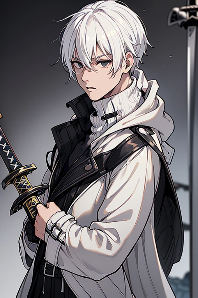 (((Alone)), (((White hair))),(((black eyes))),(((Wearing a hooded trench coat))),(((Black turtleneck shirt))),(((Sheathing a sword))),(((attractive))),(((Toned and marked body))) (((Book combing)))