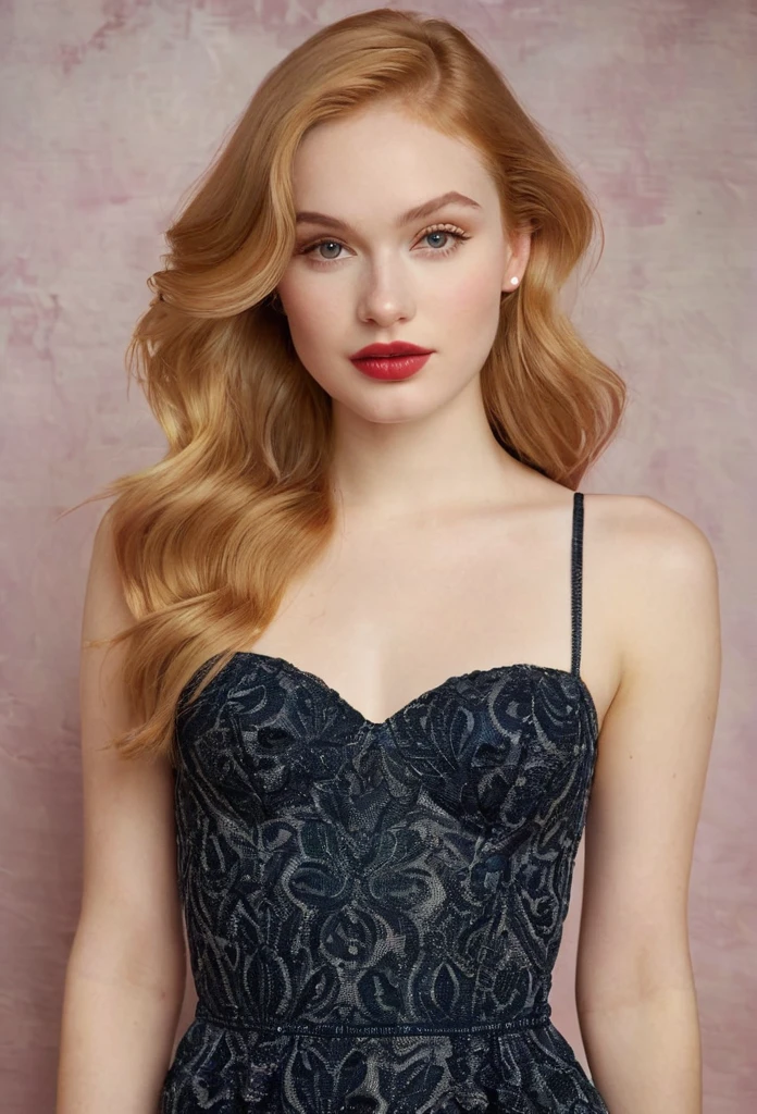 A small young woman with a pear-shaped body, narrow shoulders, small bust, narrow waist, wider hips, and full, rounded thighs. She has smooth, pale skin, long wavy strawberry blonde hair, large almond-shaped hazel eyes with thick dark lashes, a heart-shaped face, high cheekbones, a small upturned nose, and full rosy lips, short legs,((full body))