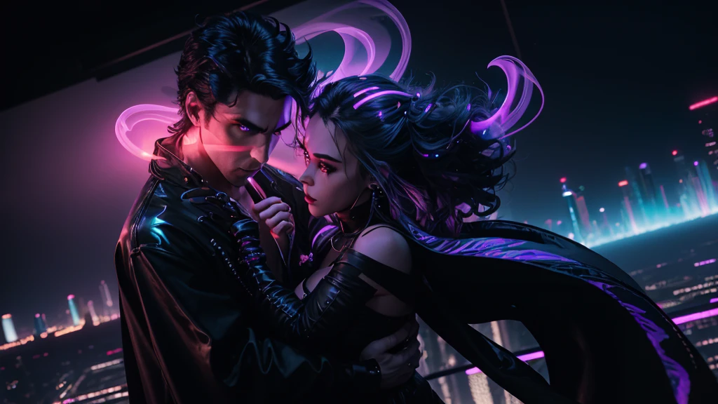 prince of darkness dancing with a beautiful sultry female on top of a skyscraper overlooking a city, that's glowing in the darkness, cyberpunk futuristic city, neon colors, high detail, long shot, wide shot, 4K, 3D, REALISTIC, (iridescent glow smoke), UHD, 32K, very bold neon colors, black light, neon light