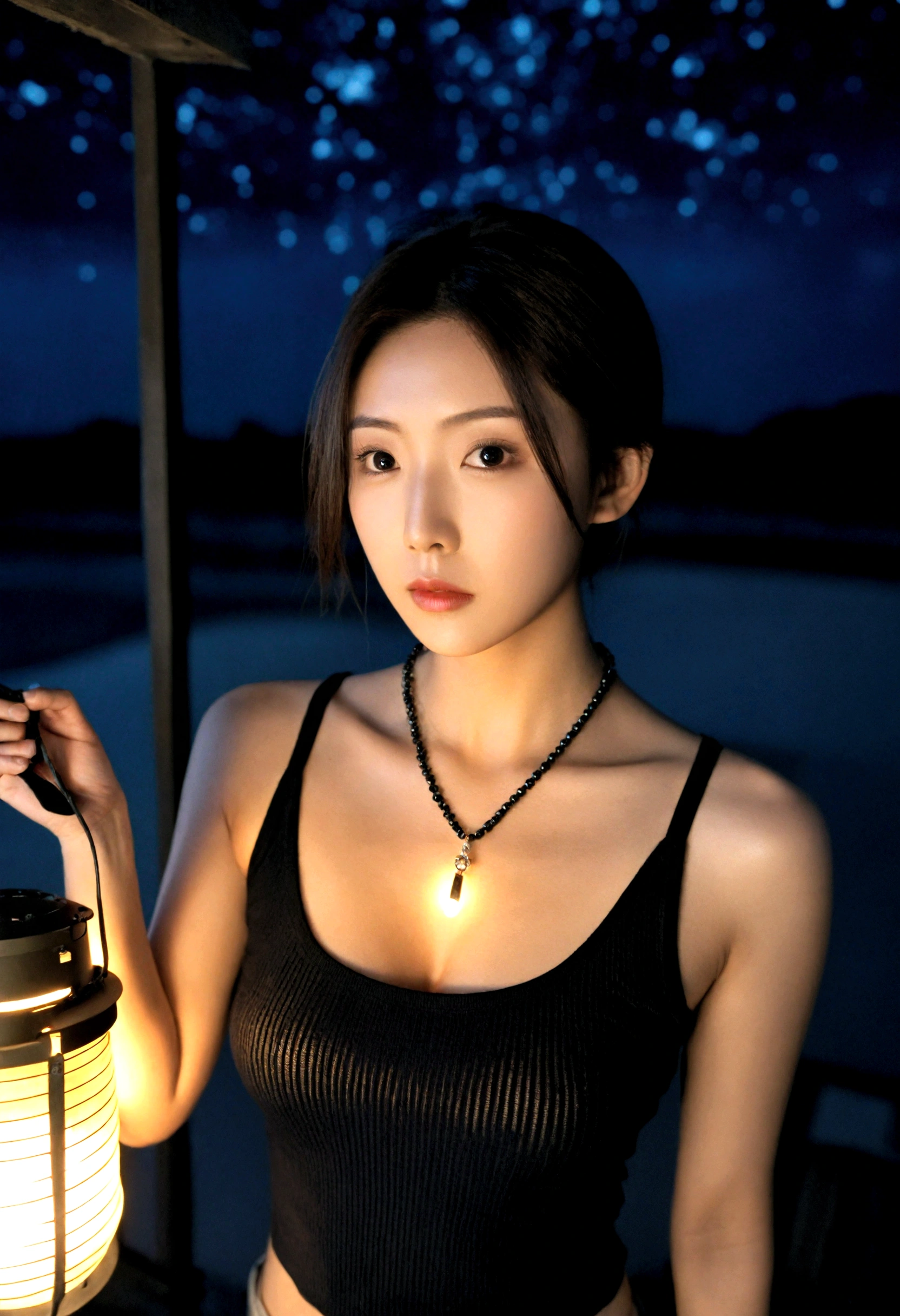 extreme close-up of beautiful korean female, 34 inch breasts size, wearing black tank top, necklace , holding lantern, in the darkness room, UHD