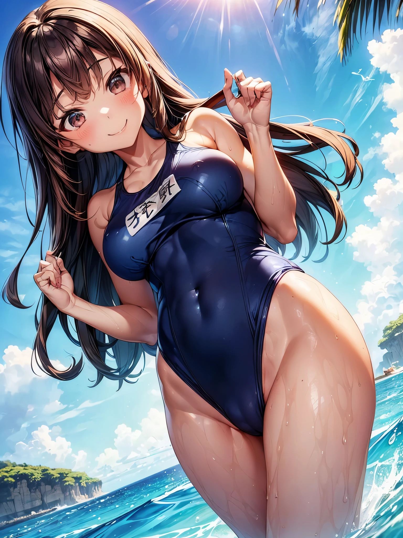 highest quality、Nice sexy body、((One Woman))、(solo:1.3)、((Beautiful busty woman:1.6))、(Brown haired woman:1.3)、Woman with semi-long hair、((A woman wearing a navy blue one-piece school swimsuit:1.3))、Smiling woman、Ocean、Resortaldives
