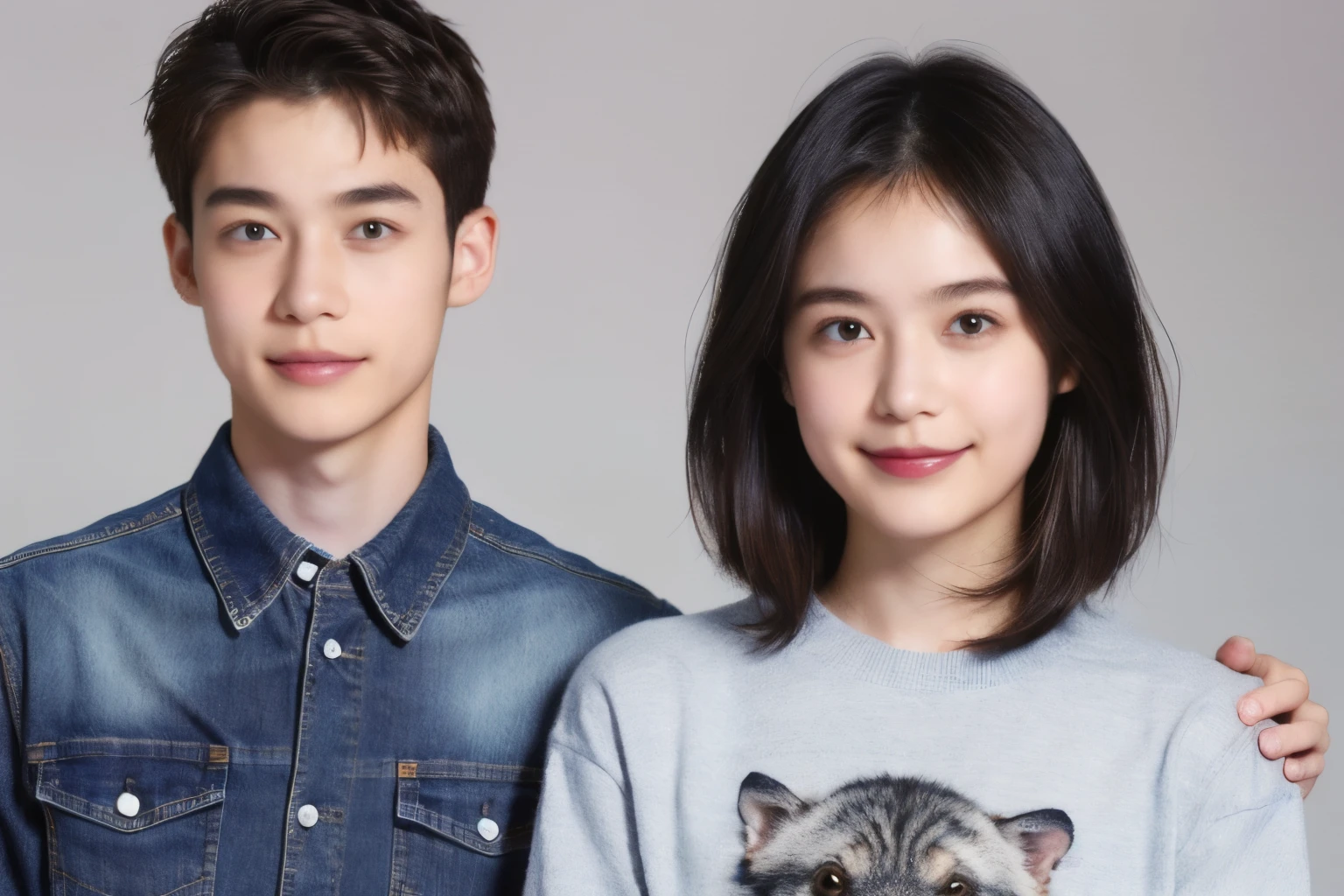 250 (An 18-year-old female and an 18-year-old male), (short hair),kind, lipstick, (jeans), (Animal charactersTshirt), smile