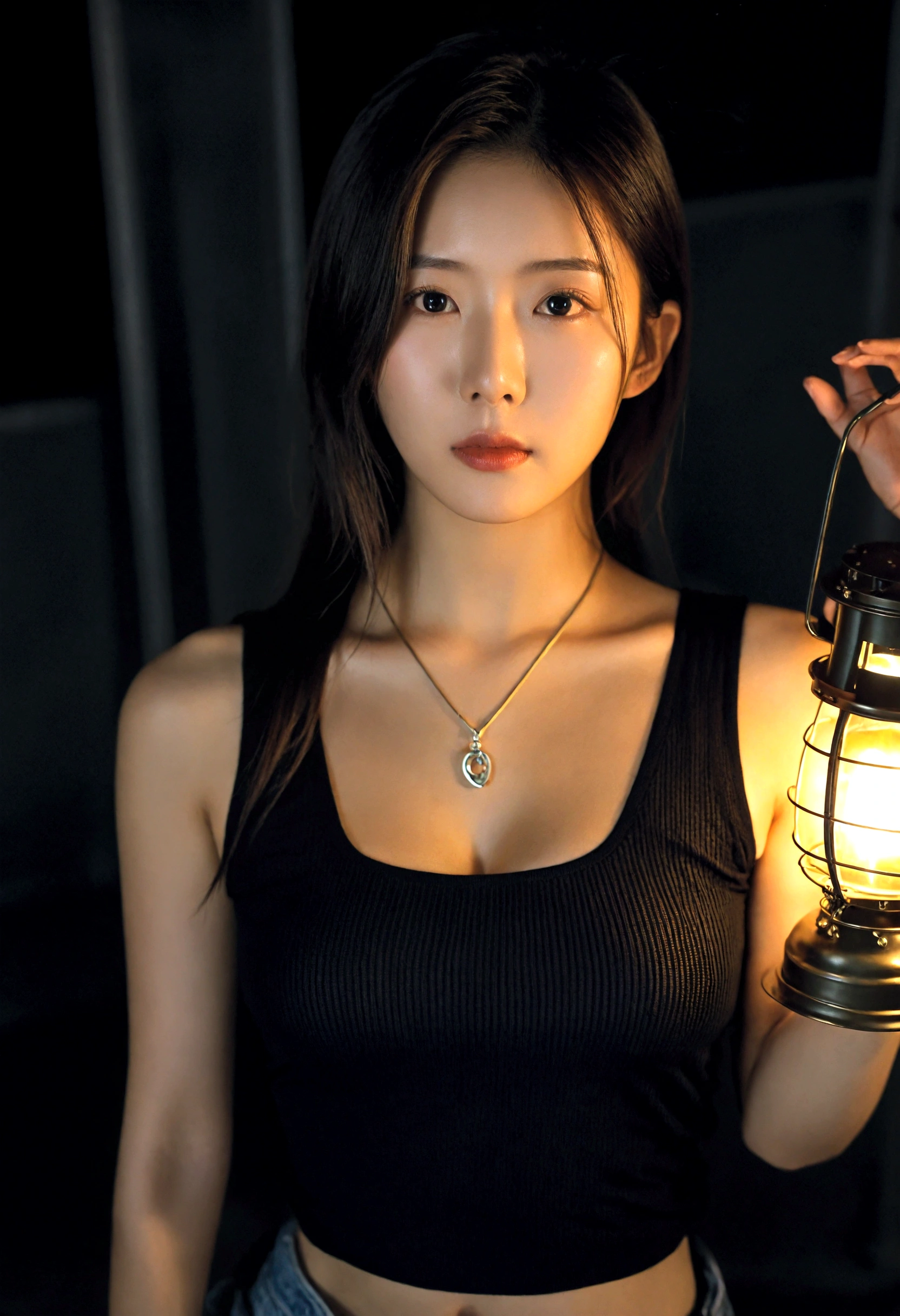 extreme close-up of beautiful korean female, 34 inch breasts size,  wearing black tank top, necklace , holding lantern, in the darkness room, UHD 