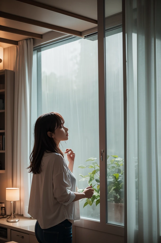 scene of a woman indoors while it rains outside