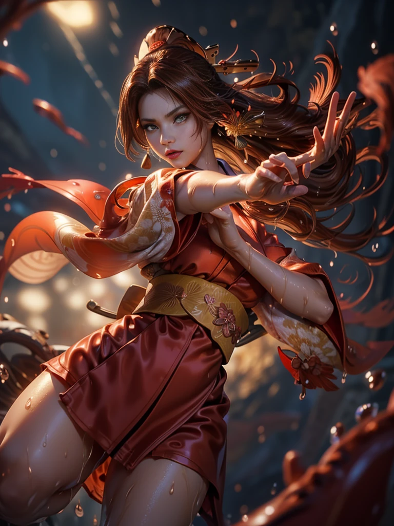 (exquisitely detailed CG unity 8k wallpaper, masterpiece-quality with stunning realism), (best illumination, best shadow), (best quality), (elegant style:1.2), Arti modern anime. angled view, heroic pose, (cel-shading style:1.3), centered image, ultra detailed closeup portrait of (Mai Shiranui:1) from (King of Fighters), best quality, expressive eyes, perfect face, highres, (ultra details), 1 girl, solo, (brown hair:1), hair ornament, eyeshadow, (gold, white and mainly red qipao:1), highly ornamented, (in Tokyo City:1), portrait, looking at the viewer, piercing eyes, full body, (light from the angle:1) (wind blowing:1.2).(depth of field effects:1.3) (motion action:1.2) (closeup:1.2) (motion blur effects:1), Thin to transparent,see-through, (((Soggy-kimono:1.2))),Lace fabric, (((water-immersed body: 0.9))), jewellery, (holding an oriental fan on fire:1.1), (asian face:1), nail polish, makeup , (fighting attack pose:1.2), (spinning turning around:1.2)