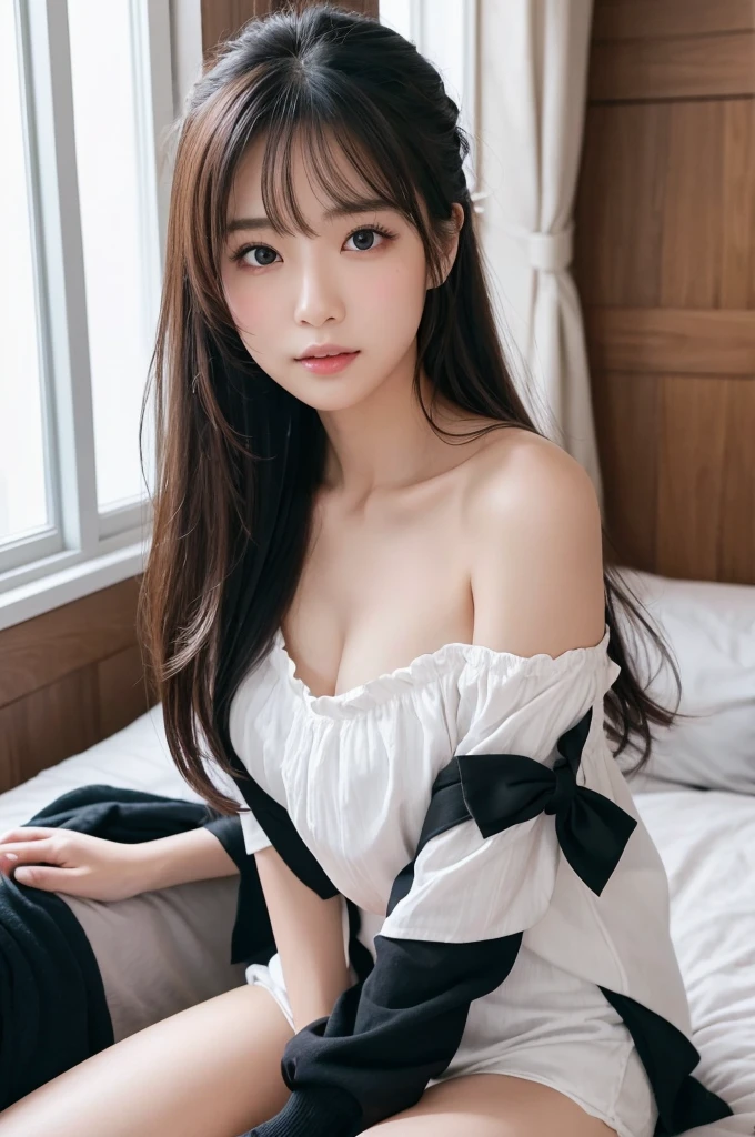 
The image shows、A beautiful Japanese girl is shown sitting on a bed.。She is wearing a sexy outfit based on black and white.、The off-the-shoulder top flatters her shoulders and collarbones.。The top is decorated with ruffles、A black ribbon is tied in the center。彼女の衣装はOverall可愛らしさとセクシーさを兼ね備えています。

Her hair is in a twin bun style、My bangs are hanging over my forehead、Her hair is loosely curled and hangs around her face.。The ribbon is used as an accent in the hair.、It enhances her cuteness even more.。Her eyes are big、It has a deep color、Make a strong impression on the viewer。

彼女のexpressionは少し憂いを帯びており、It gives the impression of gazing into the distance。Lips are naturally pink、Overallナチュラルな美しさを感じさせます。Her skin is smooth and has a healthy glow.、The light softly illuminates her figure.。

In the background, a simple interior is spread out.、The large windows let in soft natural light.。White sheets spread out on the bed、The contrast with her outfit is beautiful.。A simple background、It makes her beauty even more pronounced.。

Overall、This image perfectly captures the charm of a beautiful girl.、It depicts the moment when her natural beauty and sexiness come together.。her attitude、expression、And the costumes come together、It is a piece that leaves a deep impression on the viewer.。