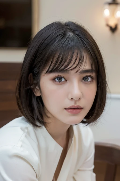 (award winning, 8k, super detailed, high resolution, best quality, photography, portrait), 1girl, solo, beautiful girl, beautiful eyes, detailed eyes, (black eye), white blouse, short hair, black hair, sitting in cafe, POV, ((upper body))