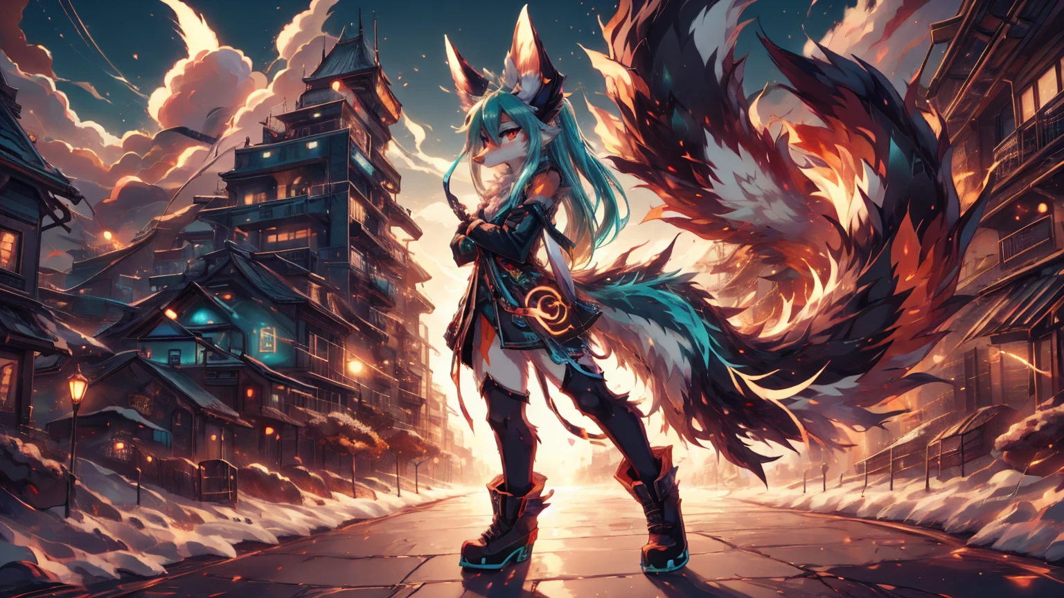 anime girl,tennage girl 18 years old, anime style, cute hatsune miku x white kitsune, shy girl , kitsune ears, dark natasha art, city landscape, art by vixen aztra, full body high definition in details the best image quality, add_detail:1