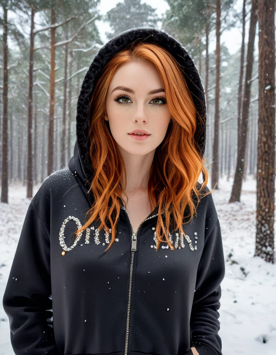 A hyper-realistic portrait of a young woman with striking orange hair, styled in loose waves. She is wearing a stylish hoodie with a leopard print and an inner orange lining, over a black crop top. The background features a serene, snowy forest with softly falling snowflakes and blurred trees, creating a contrast between her vibrant hair and outfit and the calm, wintry setting. The overall atmosphere is both edgy and enchanting, capturing a moment of quiet strength and beauty