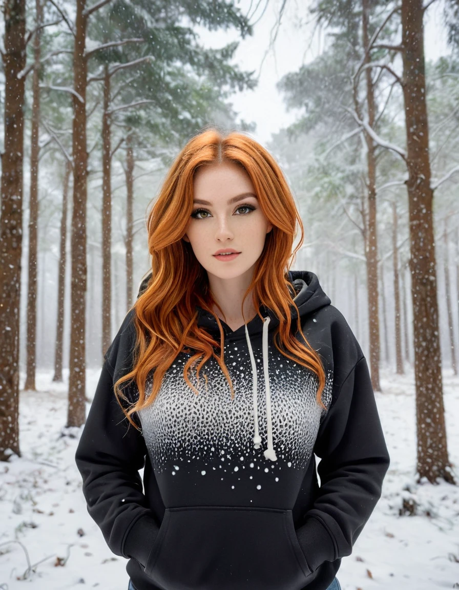 A hyper-realistic portrait of a young woman with striking orange hair, styled in loose waves. She is wearing a stylish hoodie with a leopard print and an inner orange lining, over a black crop top. The background features a serene, snowy forest with softly falling snowflakes and blurred trees, creating a contrast between her vibrant hair and outfit and the calm, wintry setting. The overall atmosphere is both edgy and enchanting, capturing a moment of quiet strength and beauty