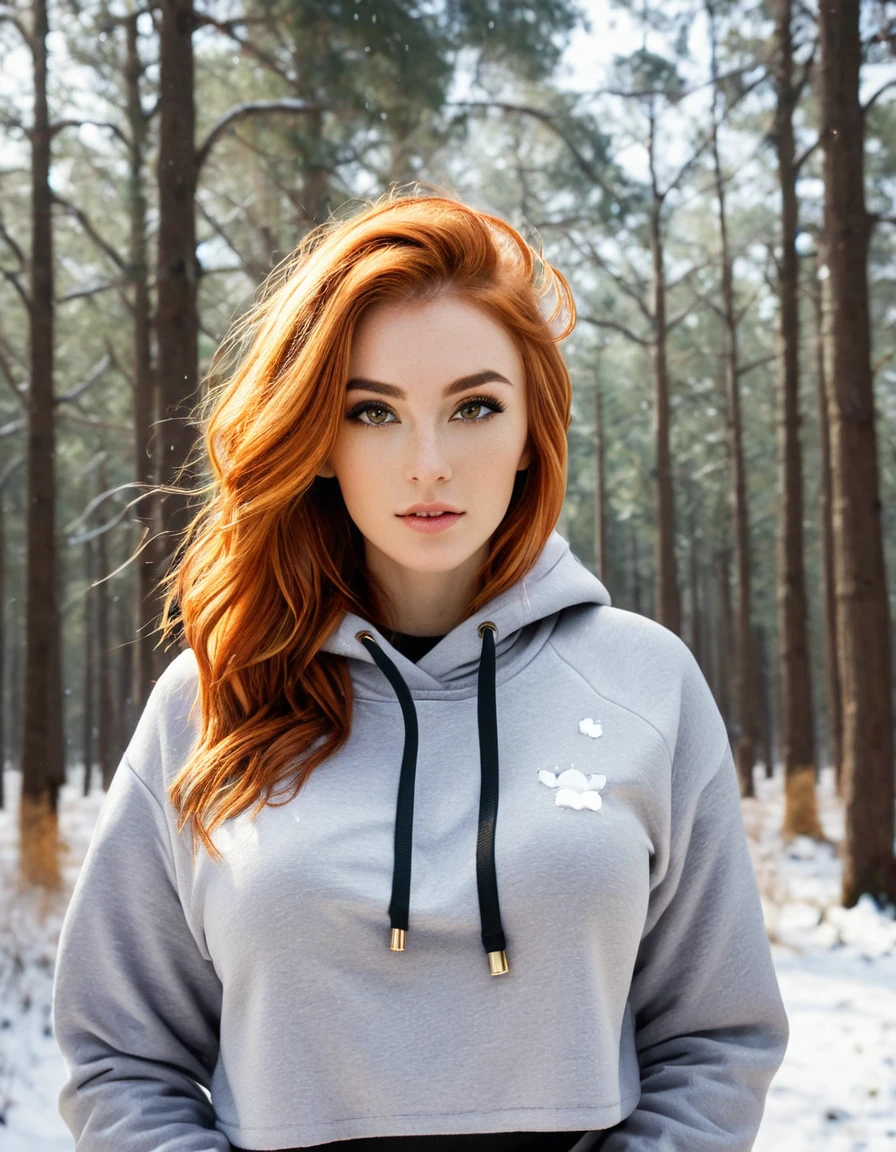 A hyper-realistic portrait of a young woman with striking orange hair, styled in loose waves. She is wearing a stylish hoodie with a leopard print and an inner orange lining, over a black crop top. The background features a serene, snowy forest with softly falling snowflakes and blurred trees, creating a contrast between her vibrant hair and outfit and the calm, wintry setting. The overall atmosphere is both edgy and enchanting, capturing a moment of quiet strength and beauty