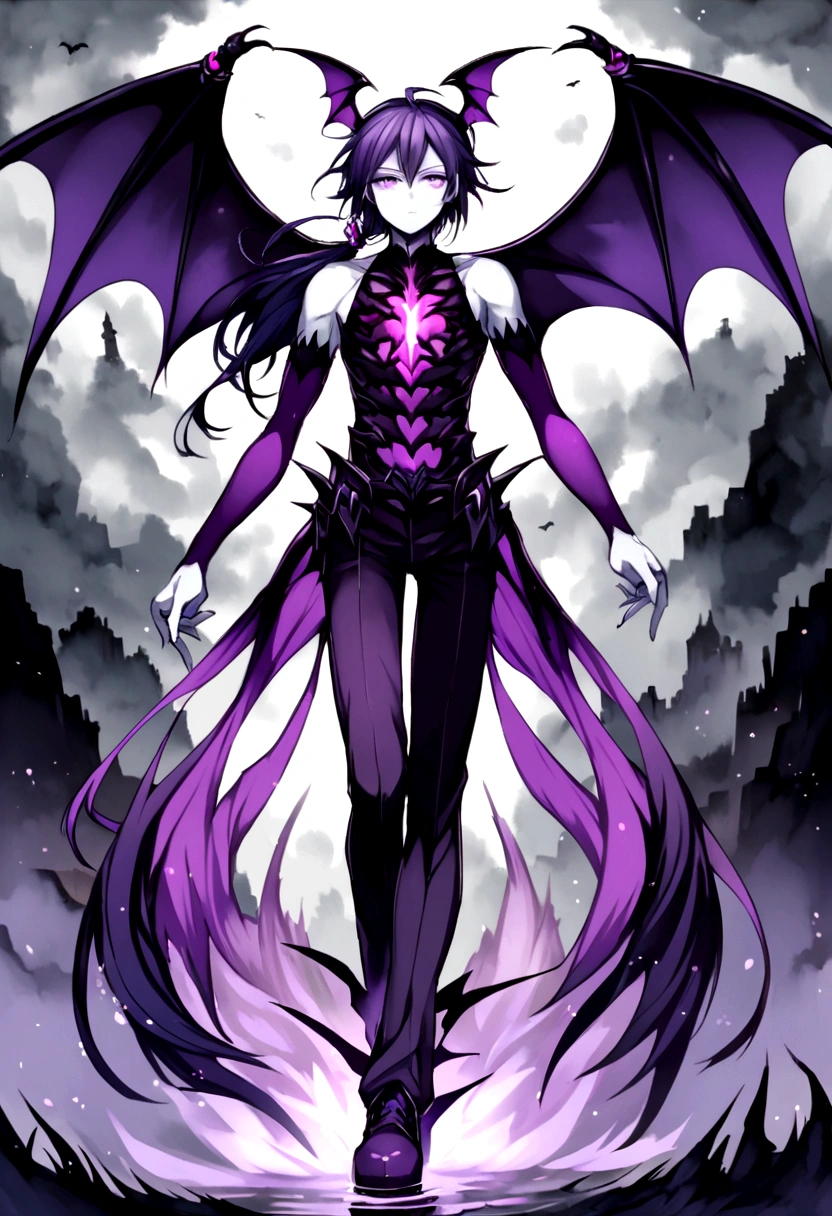 A young man with demon wings, dark violet mid half hair, white skin, light purple eyes, 178cm height