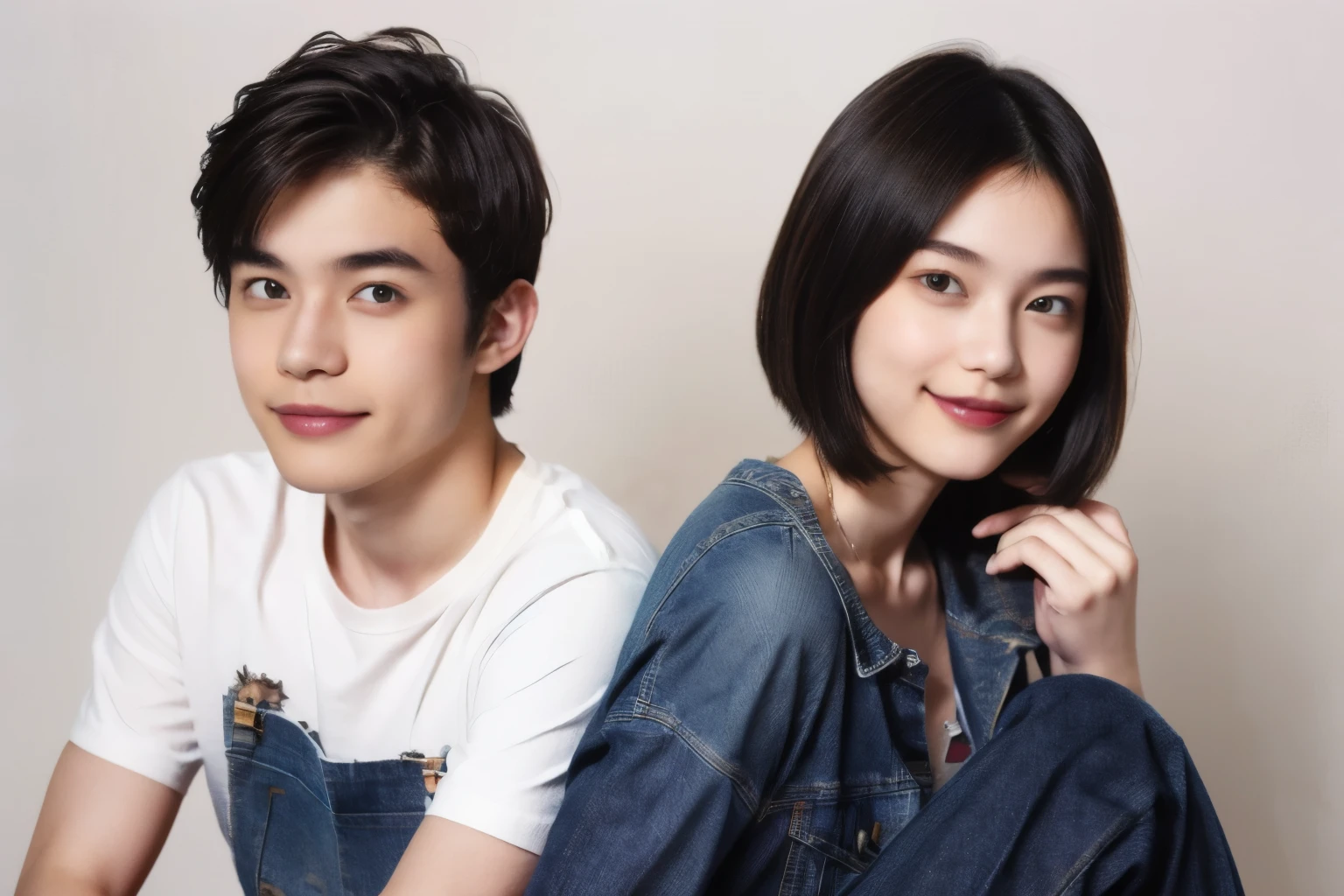 250 (An 18-year-old female and an 18-year-old male), (short hair),kind, lipstick, (jeans), (Animal charactersTshirt), smile