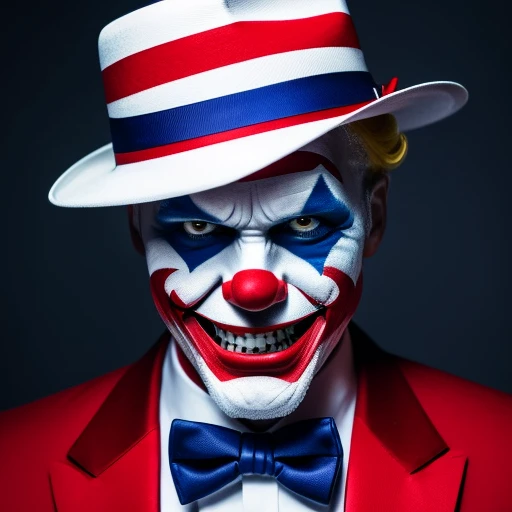 映画Jokerのような,hair is yellow,Hats come in three colors,Realな人間,Illustration is different,clown,Joker,Face white,Cross painted on eyes,Yellow hair,Three-color hat,whole body,4K,high resolution,uncle,Real,Real Humans,Man in his 40s,The hat is white, blue and red,Star-patterned clothing,White gloves,Big red paint on mouth,The hat is white, red and blue,whole bodyは青と赤と白,bow tie is red,The hat is white with red and blue stripes.,Scary face,Angry,Vertical stripes,