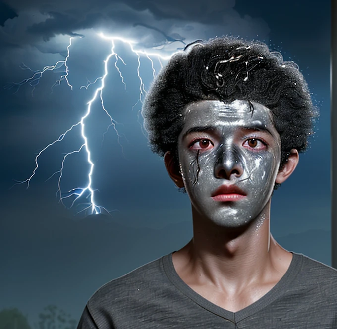 A boy is electrocuted in a comedy movie, covered in soot and left in tatters after being struck by lightning.
