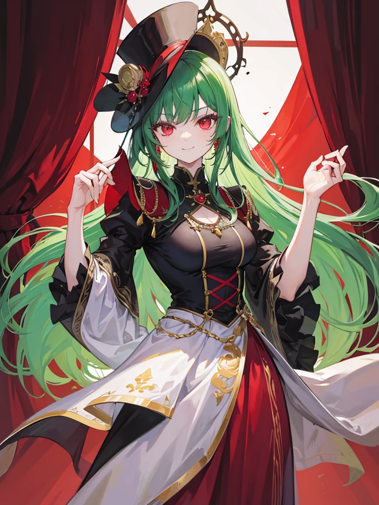 woman, red eyes, long curry wauy half black and green hair. wear elegant west dress, arrogant, independent woman. background in mansion. kind smile. wear noble lady hat