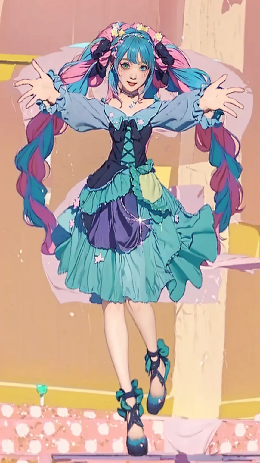 ((Masterpiece)), (best quality), (very detailed), ((very detailed)), 4k, (8k),2 girl,Hatsune Miku, girl in a dress with open  her arms, my dress up darling in realistic style, style of magical girl, kawaii decora rainbowcore, frilly outfit, loli in dress, dressed in a frilly ((ragged)), sparkling magical girl, pink twintail hair and cyan eyes, stylized anime, magical dress