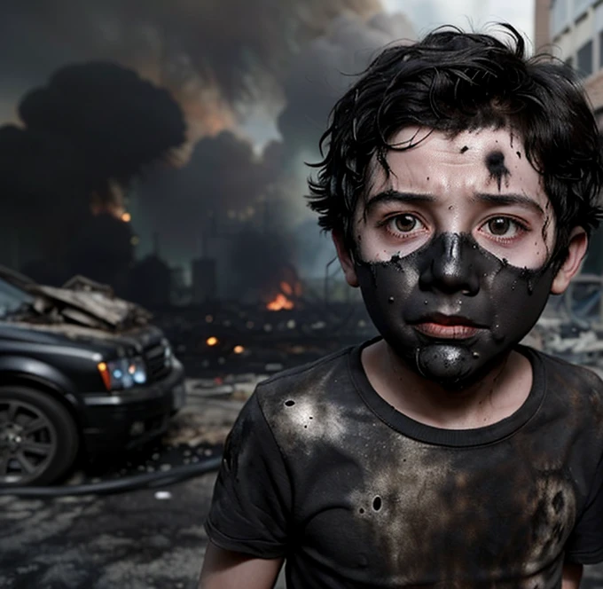 Boy covered in soot during an explosion scene in a comedy drama