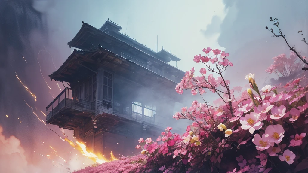 32k, Masterpiece, Highest quality, One girl, Brown Hair, Detailed eyes, flower,Freesia, Pink and navy style,A dreamy, romantic piece,Pale yellow, Mysterious Leaves,A playful arrangement,Fantasy,High Contrast,Ink strokes,explosion,Exposure, Impression of pink and navy tones,Abstract,((Watercolours by John Berkey and Jeremy Mann )) Brush strokes,Negative Space, Tyndall effect,