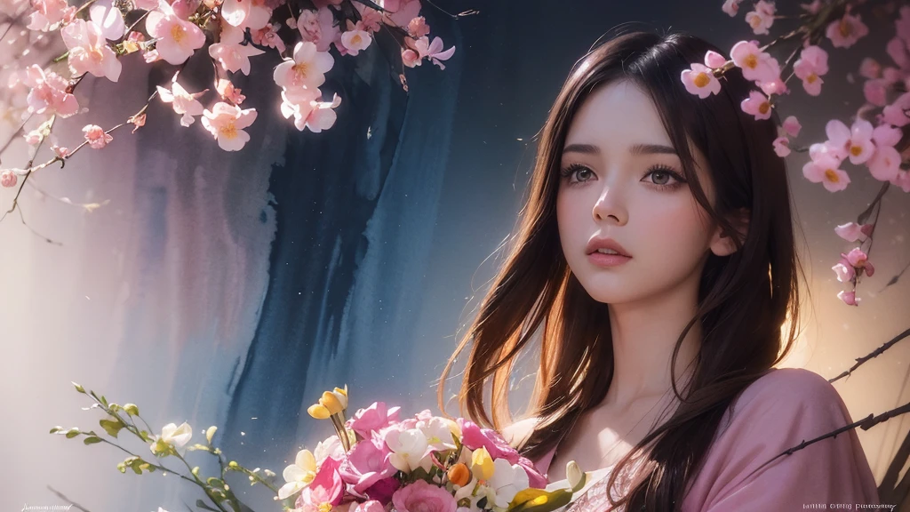 32k, Masterpiece, Highest quality, One girl, Brown Hair, Detailed eyes, flower,Freesia, Pink and navy style,A dreamy, romantic piece,Pale yellow, Mysterious Leaves,A playful arrangement,Fantasy,High Contrast,Ink strokes,explosion,Exposure, Impression of pink and navy tones,Abstract,((Watercolours by John Berkey and Jeremy Mann )) Brush strokes,Negative Space, Tyndall effect,