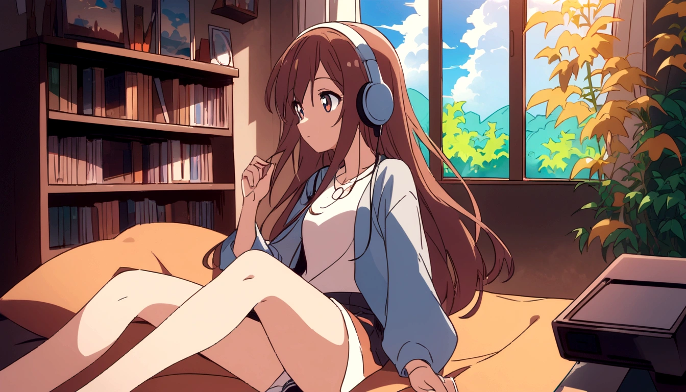 Keywords : masterpiece, best quality, movie stills, one girl, girl in clouds, happy, warm soft lighting, listening to music on headphones in room bed, long hair girl, big eyes, profile, summer sky, illustration style