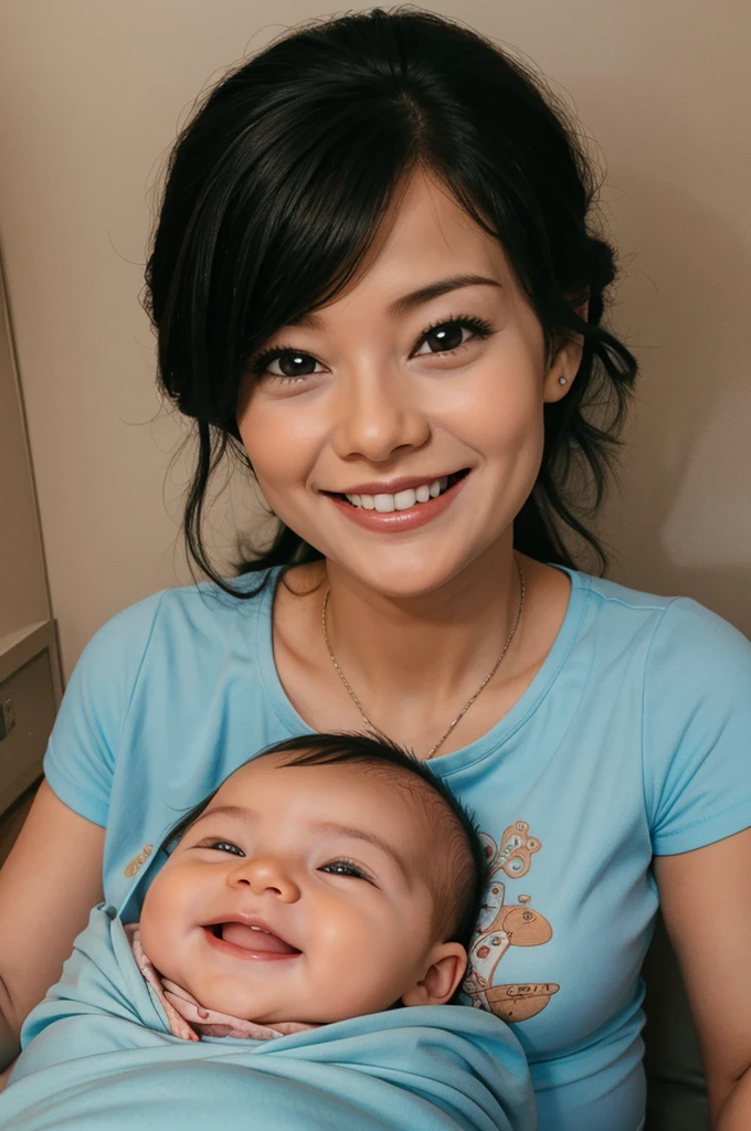 Baby boy smiling with eyes open in mothers womb, mother facing towards the east cartoon