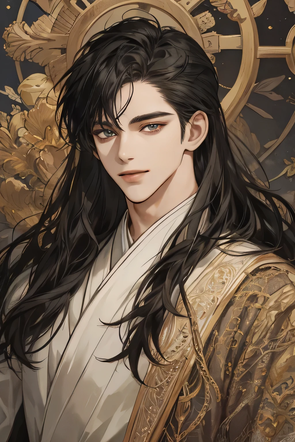 (extreamly delicate and handsome:1.2), 8K,(masterpiece:1.0),(best_quality:1.0), 1 boy, and intricate detailing, Enlarged textures, and intricate detailing, finely eye and detailed face, and intricate detailing, shiraga, black long hair, (closed mouths), Perfect eyes, Equal eyes, eyes smile, (A male god) with (masterpiece), best quality,