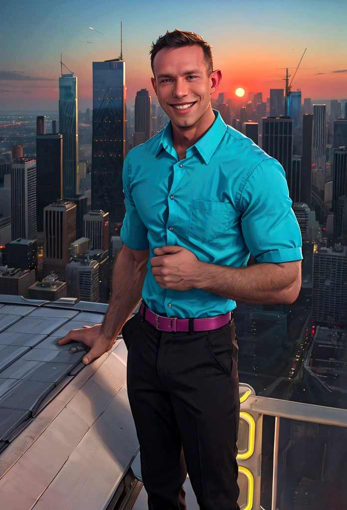 (solo), RAW Photo, photo of man Todder8 on a rooftop overlooking a bustling cityscape at twilight wearing contemporary clothes, (wearing shirt), glow of the setting sun, vibrant ambiance, skyscrapers, neon lights, music, (jet magazine), male, smiling, short hair, Todder5