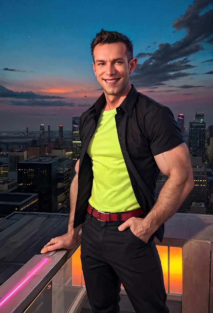 (solo), RAW Photo, photo of man Todder8 on a rooftop overlooking a bustling cityscape at twilight wearing contemporary clothes, (wearing shirt), glow of the setting sun, vibrant ambiance, skyscrapers, neon lights, music, (jet magazine), male, smiling, short hair, Todder5