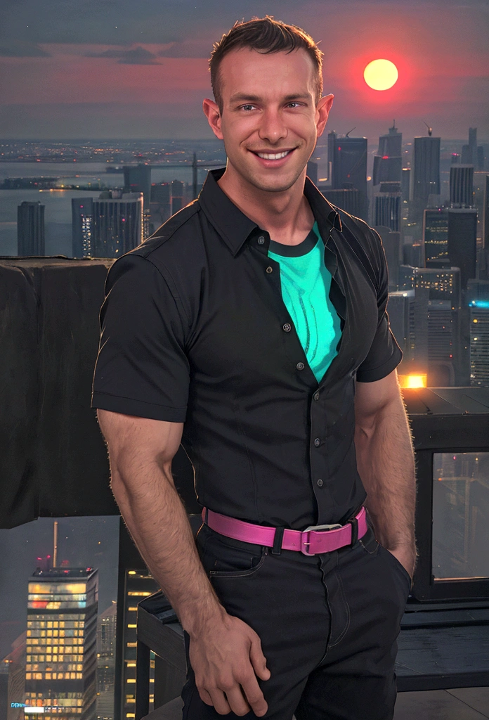 (solo), RAW Photo, photo of man Todder8 on a rooftop overlooking a bustling cityscape at twilight wearing contemporary clothes, (wearing shirt), glow of the setting sun, vibrant ambiance, skyscrapers, neon lights, music, (jet magazine), male, smiling, short hair, Todder5