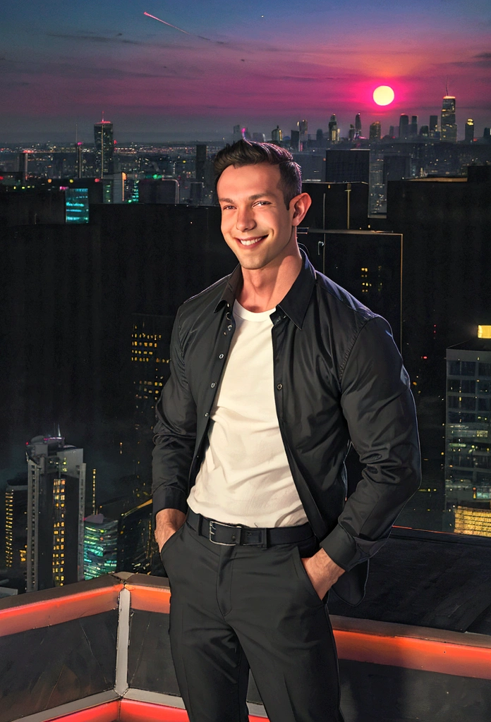 (solo), RAW Photo, photo of man Todder8 on a rooftop overlooking a bustling cityscape at twilight wearing contemporary clothes, (wearing shirt), glow of the setting sun, vibrant ambiance, skyscrapers, neon lights, music, (jet magazine), male, smiling, short hair, Todder5