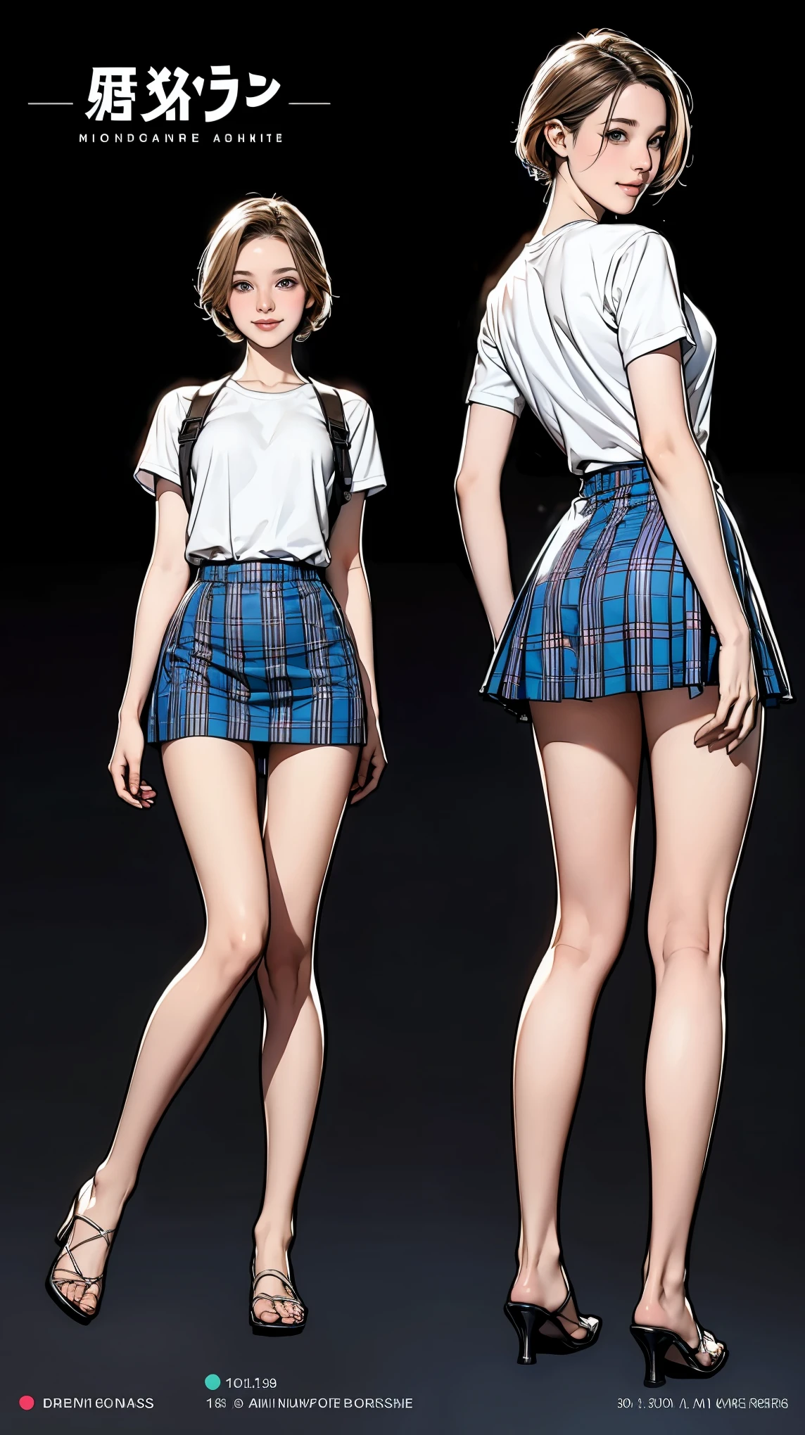 ((masterpiece)),(((Highest quality))),((Character design sheet)),Thin thighs,Long legs,An 18-year-old high school girl standing on the school steps,White shirt,Blue and red plaid mini skirt:1.5,The best smile,White panties:1.5，Short-cut blonde:1.5，short side waves，Carrying a black backpack，Butt Exposure