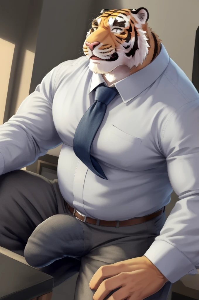 Author: bontiage, (1 boy), One, tiger, big bulge crotch, boner, pants, (sweat:1.5), long sleeve plain shirt, necktie, Men's Second, kemono, hot body, muscle, Beautiful, sexual, Attractive guy, (Detailed black eyes), brows, (masterpiece, A high resolution, Best quality), 4K, a male, Beautiful shadow, red cheek