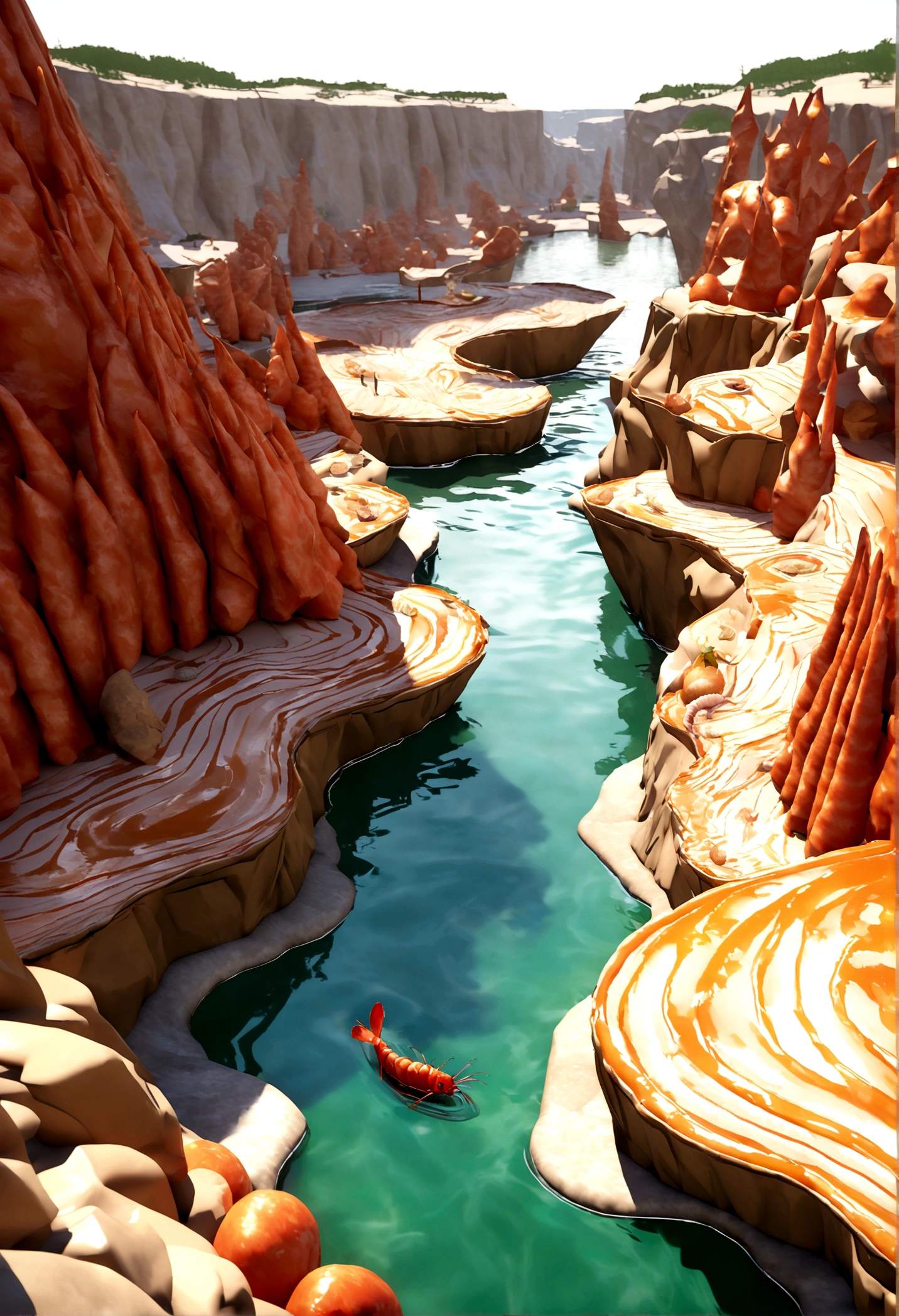 "A 3D-styled scene with a white river flowing through the center, bordered by cliffs resembling a delicious orange-red shrimp soup. The cliffs are adorned with various stone sculptures, including muscular fossils, leek-shaped fossils, and shrimp fossils. The overall composition is cliff-like but appetizing, with the food elements looking tasty and appealing, not abstract. In the river, a spoon and chopsticks form a small boat gliding along the water."