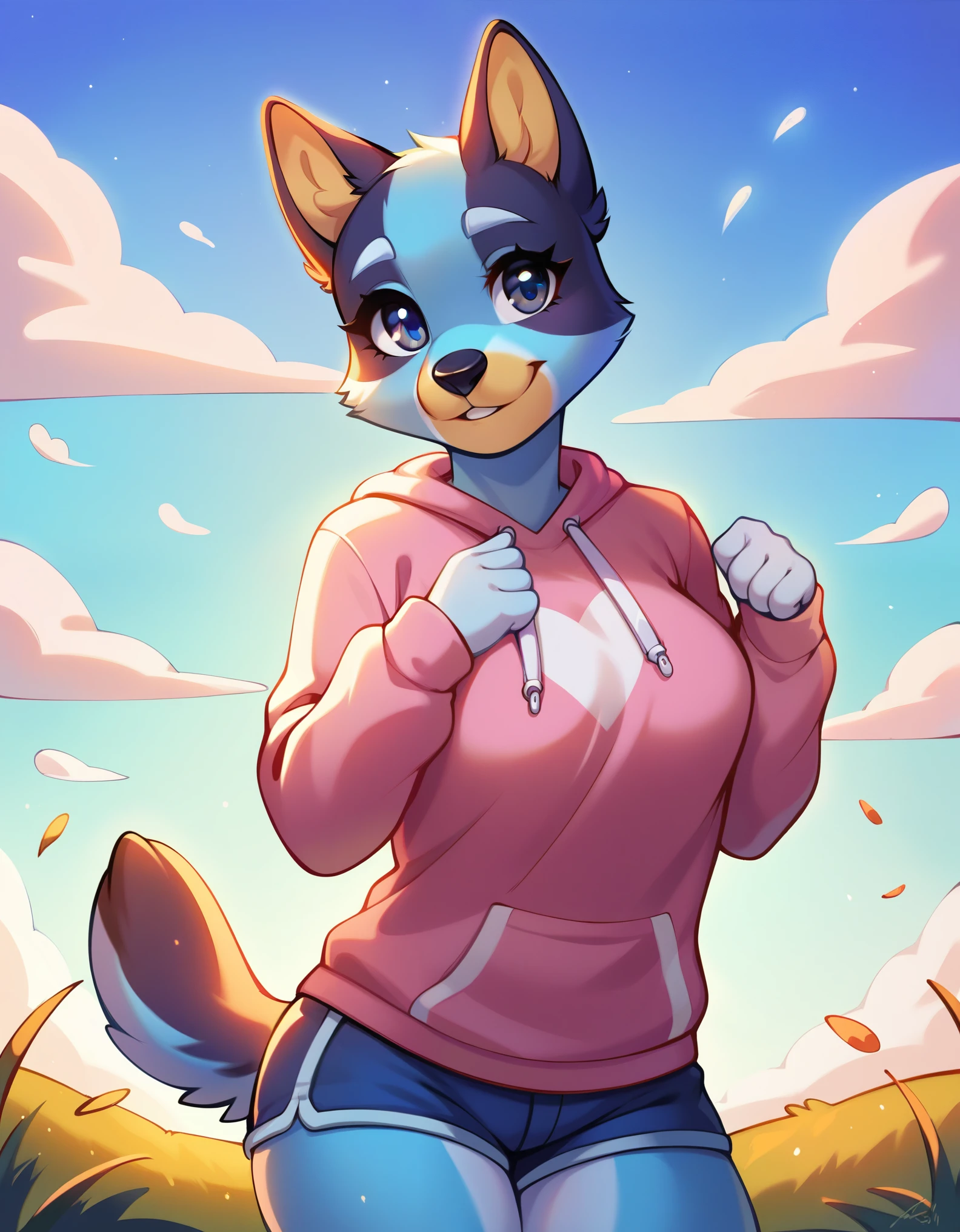 score_9, score_8_up, score_8, 1girl, source_cartoon, source_furry, blueyxl, bluey heeler, (boxchibi:0.2), 18 year old girl, cowboy shot, anthro, furry, tail, blue body, animal ears, flat shaded background, sky, day, cloud, blue sky, curvy, femanine, hourglass figure, , detailed fur texture, cute outfit, blue shorts, pink shirt, long sleeve, 