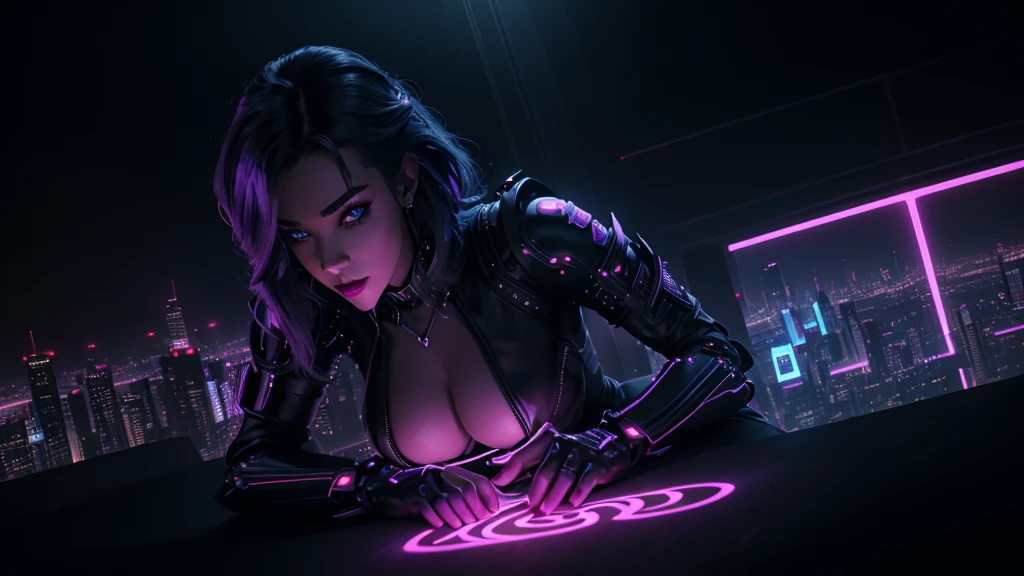 prince of darkness dancing with a beautiful sultry female on top of a skyscraper overlooking a city, that's glowing in the darkness, cyberpunk futuristic city, neon colors, high detail, long shot, wide shot, 4K, 3D, REALISTIC, (iridescent glow smoke), UHD, 32K, very bold neon colors, black light, neon light