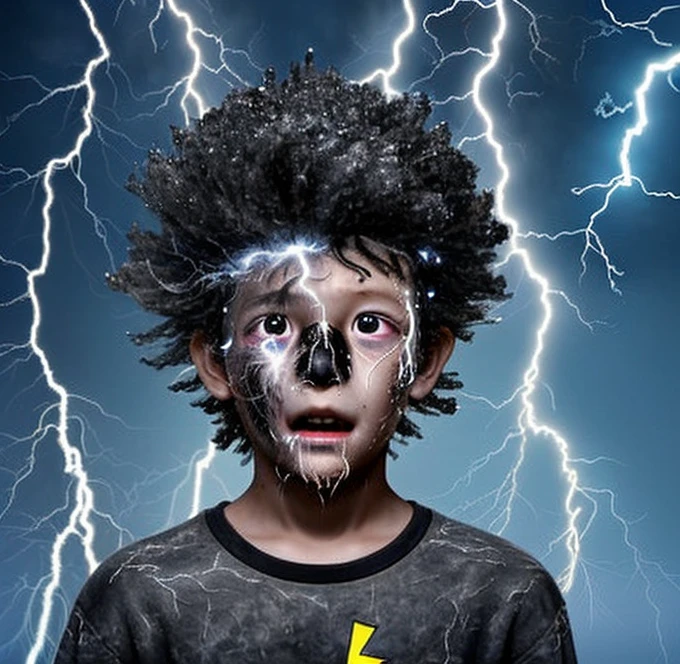 In a comedy drama, an elementary school student was struck by lightning and electrocuted, leaving him covered in soot and in tatters.