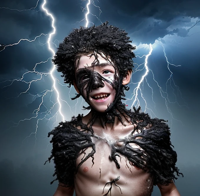 In a comedy drama, an elementary school student was struck by lightning and electrocuted, leaving him covered in soot and in tatters.