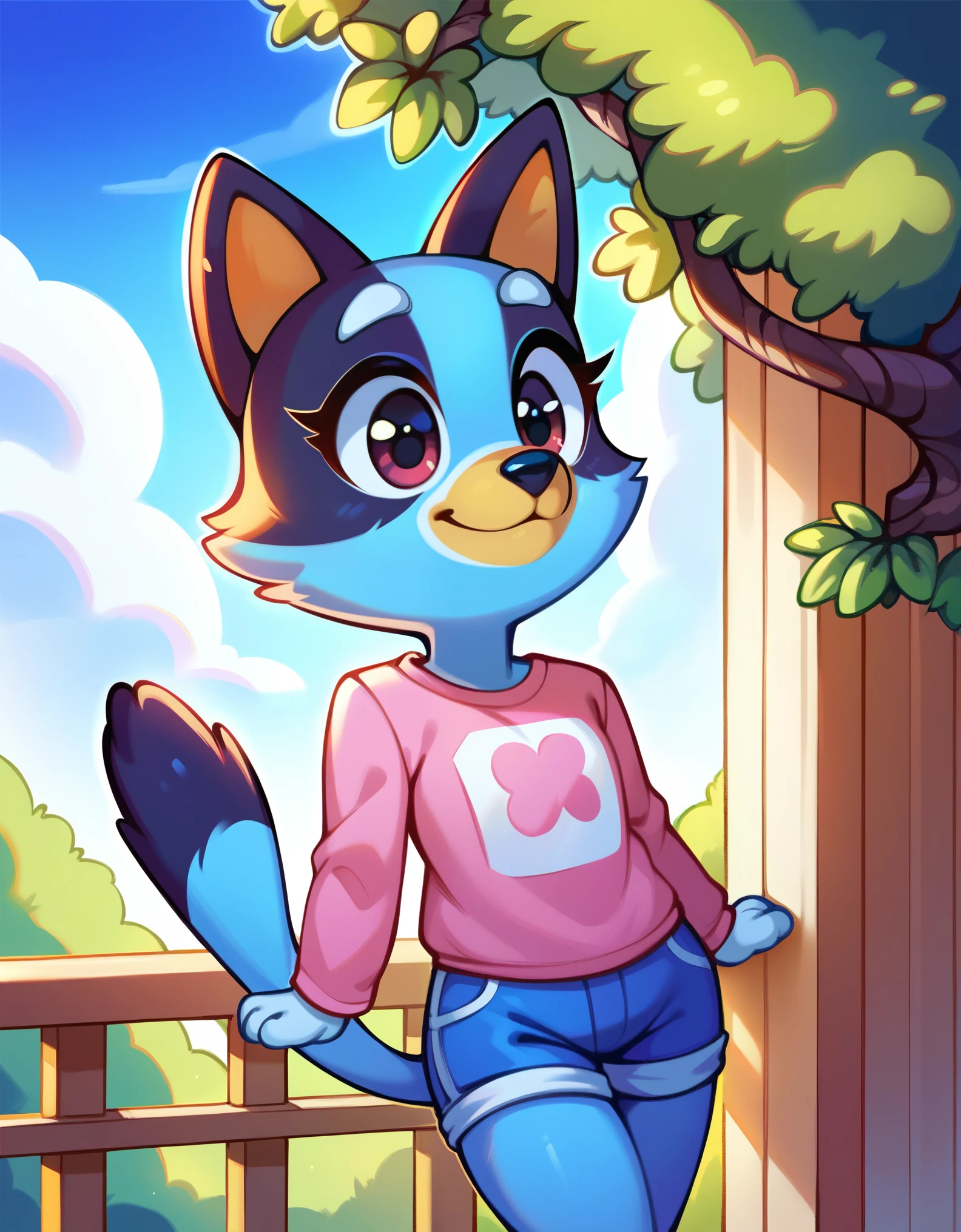 score_9, score_8_up, score_8, 1girl, source_cartoon, source_furry, blueyxl, bluey heeler, (boxchibi:0.2), 18 year old girl, cowboy shot, anthro, furry, tail, blue body, animal ears, flat shaded background, sky, day, cloud, blue sky, curvy, femanine, hourglass figure, , detailed fur texture, cute outfit, blue shorts, pink shirt, long sleeve, 