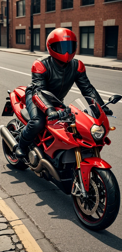 there is a red motorcycle parked on a brick road, big ducati panigrale motorcycle, front view, Too realistic render, motorcycle, การเรนเดอร์ที่Too realistic, Hyper-realistic rendering, red, 🕹️ 😎 🔫 🤖 🚬, Too realistic color photo, red armor, Too realistic, cinematic front shot, front shot, it has a red and black paint