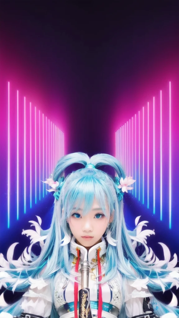 create realistic image from a close up of a
Indonesia girl 25 years old with long hair and a sword, pink twintail hair and cyan eyes, very realistic and very detailed,
