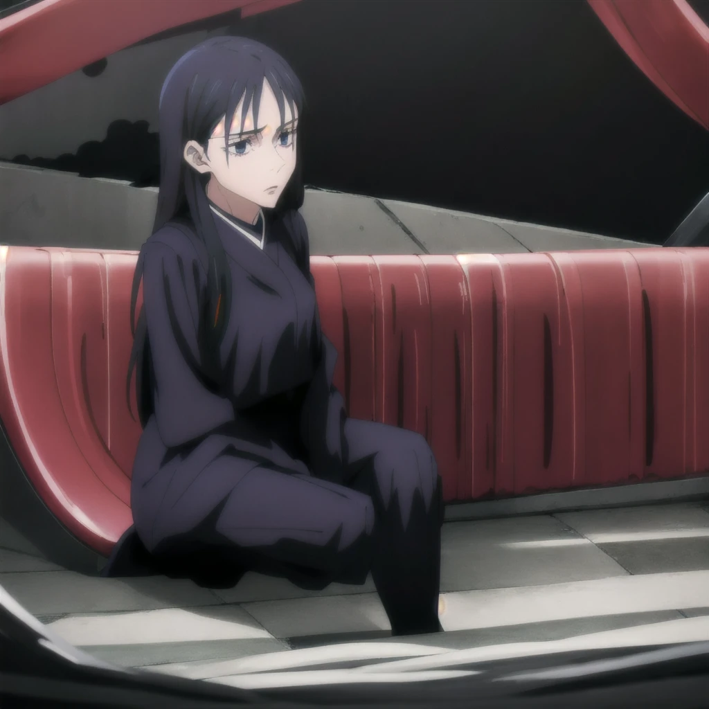 black-haired girl, long straight hair, serious expression, blue eyes1, long eyelashes2, hourglass-shaped body, black and red yukata, sitting on her knees