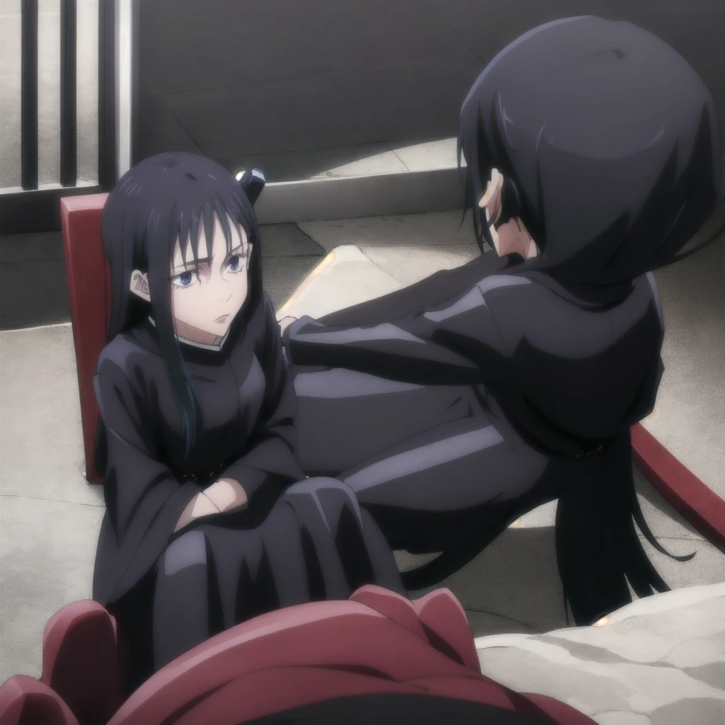 black-haired girl, long straight hair, serious expression, blue eyes1, long eyelashes2, hourglass-shaped body, black and red yukata, sitting on her knees