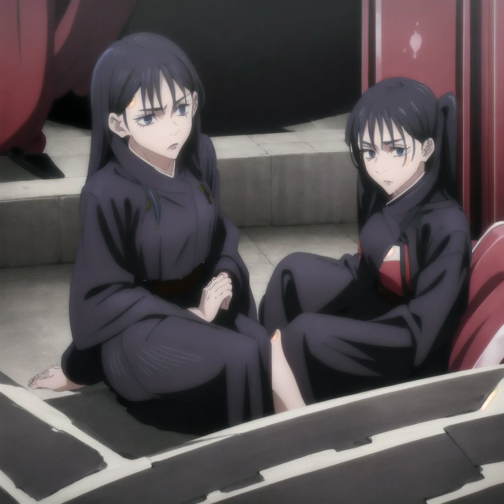 black-haired girl, long straight hair, serious expression, blue eyes1, long eyelashes2, hourglass-shaped body, black and red yukata, sitting on her knees