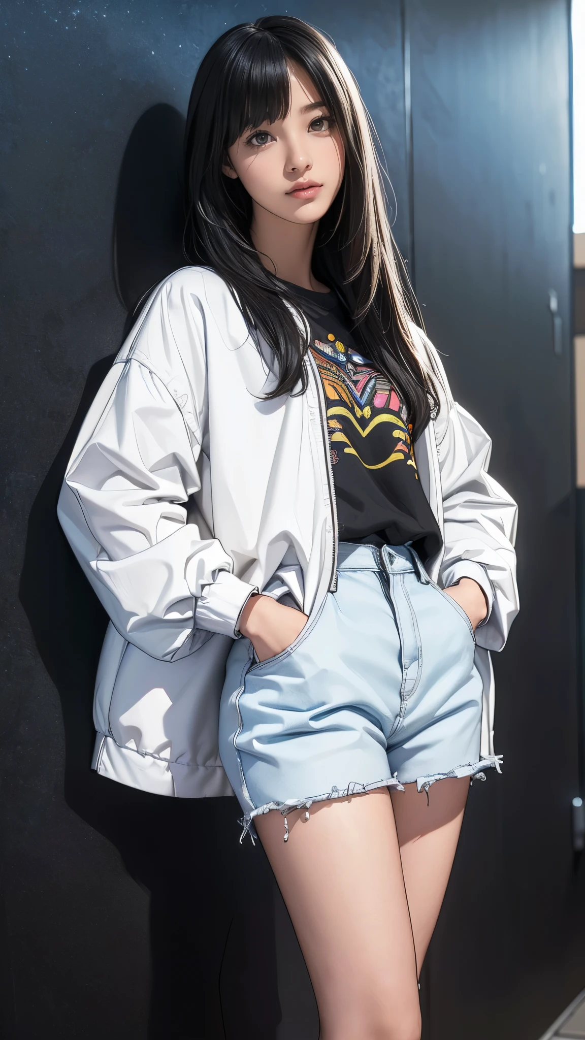 (((Highly detailed CG unit 8K wallpaper:1.2, masterpiece, High resolution:1.2, Highest quality:1.2, Tabletop))), ((A very beautiful 13 year old girl, (Very good:1.5), Put your hands in your pockets:1.8, Grunge Fashion:1.2, wear a blouson:1.2, Wearing shorts, Thin thighs, Putting on your shoes)), ((Highly detailed face, Highly detailed black eyes, Highly detailed body, Highest qualityのリアルテクスチャスキン)), (Black-haired, Hair length:1.2, White skin, small:1.2), ((Colorful geometric patterns are painted all over the wall...., Colorful wall)), (High Angle:1.2, Fisheye Lens:1.3), Surreal, Digital Painting,